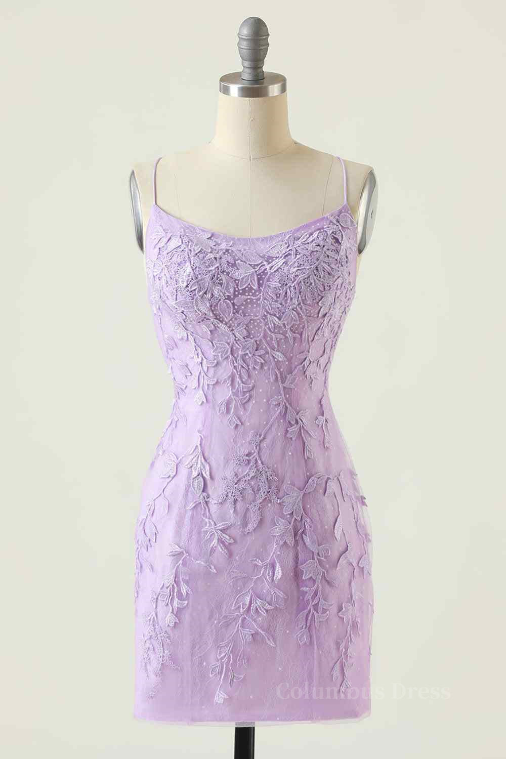 Lilac Sheath Scoop Neck Lace-up Back Applique Mini Corset Homecoming Dress outfit, Formal Dress Lace