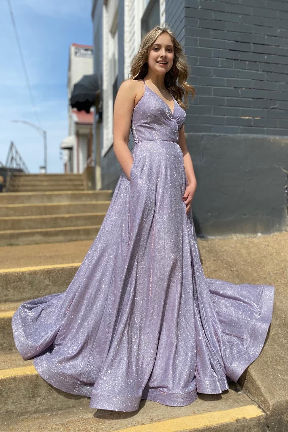 Lilac Spaghetti Straps Long Corset Prom Dress with Pockets Gowns, Lilac Spaghetti Straps Long Prom Dress with Pockets