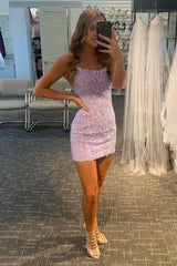 Lilac Tight Short Corset Prom Dress with Appliques Gowns, Lilac Tight Short Prom Dress with Appliques
