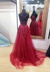 Burgundy V-Neck Lace Long Corset Prom Dresses, A-Line Evening Dresses outfit, Formal Dresses For Girls