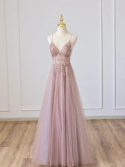 Pink V-Neck Tulle Long Corset Prom Dress with Beaded, Pink Spaghetti Strap Evening Dress outfit, Bridesmaids Dresses Purple