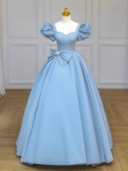 Blue Satin Long Corset Prom Dress with Bow, Blue A-Line Corset Formal Evening Dress outfit, Bridesmaid Dresses Velvet