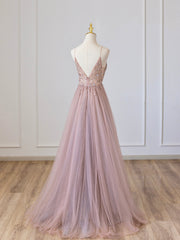 Pink V-Neck Tulle Long Corset Prom Dress with Beaded, Pink Spaghetti Strap Evening Dress outfit, Bridesmaid Dress Purple