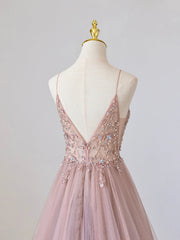 Pink V-Neck Tulle Long Corset Prom Dress with Beaded, Pink Spaghetti Strap Evening Dress outfit, Bridesmaids Dress Purple