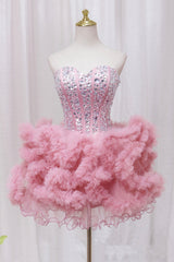 Pink Sweetheart Neckline Tulle Short Corset Prom Dress with Rhinestones, Cute Party Dress Outfits, Bridesmaid Dress Beach Wedding