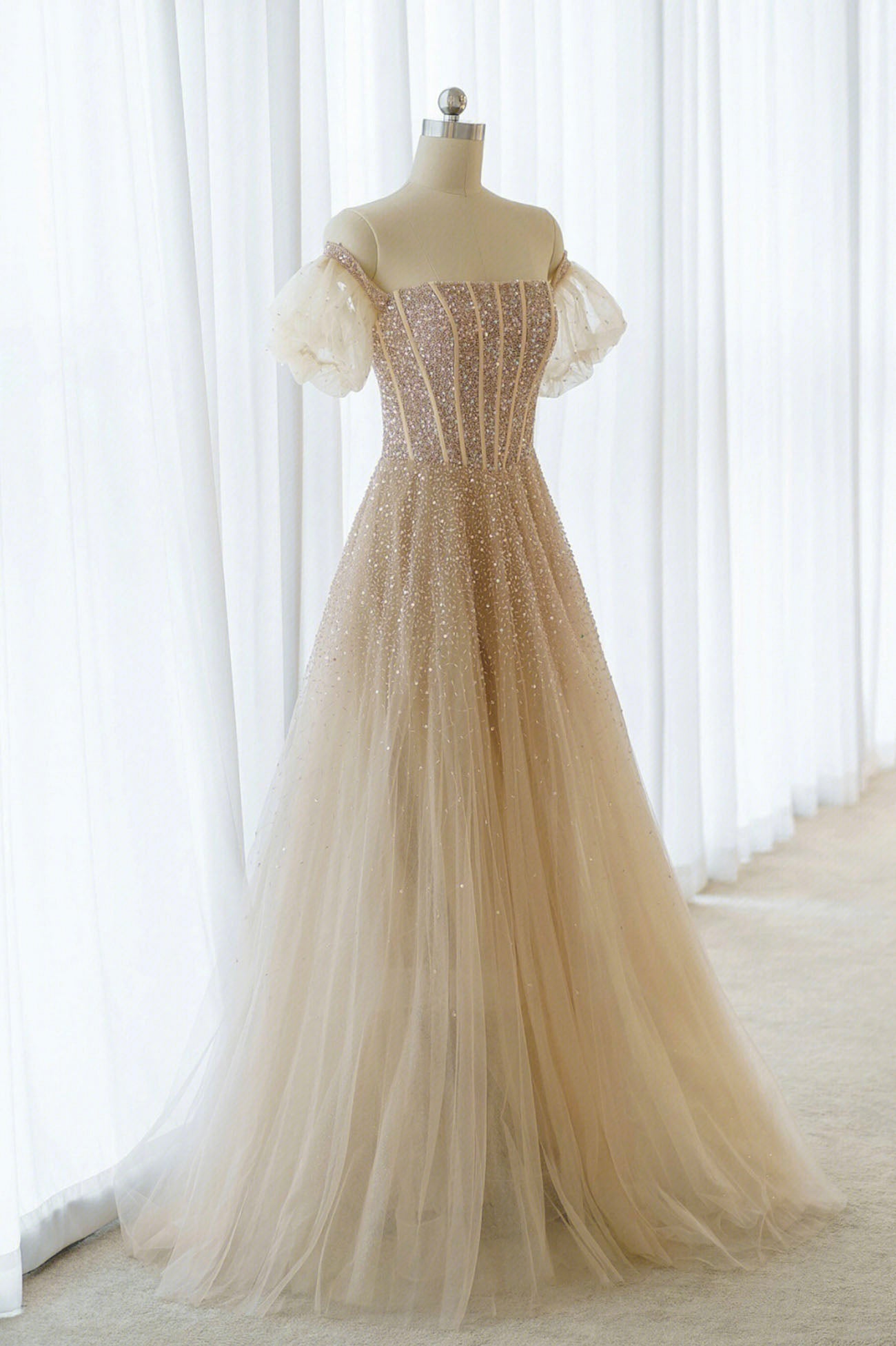 A-Line Tulle Beaded Long Corset Prom Dress, Champagne Short Sleeve Evening Dress outfit, Cocktail Dress