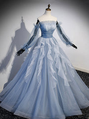 Blue Strapless Tulle Long Corset Prom Dress, Chic A-Line Corset Formal Dress with Long Sleeves Gowns, Party Dresses Long
