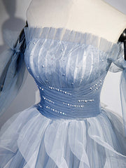 Blue Strapless Tulle Long Corset Prom Dress, Chic A-Line Corset Formal Dress with Long Sleeves Gowns, Party Dress Long