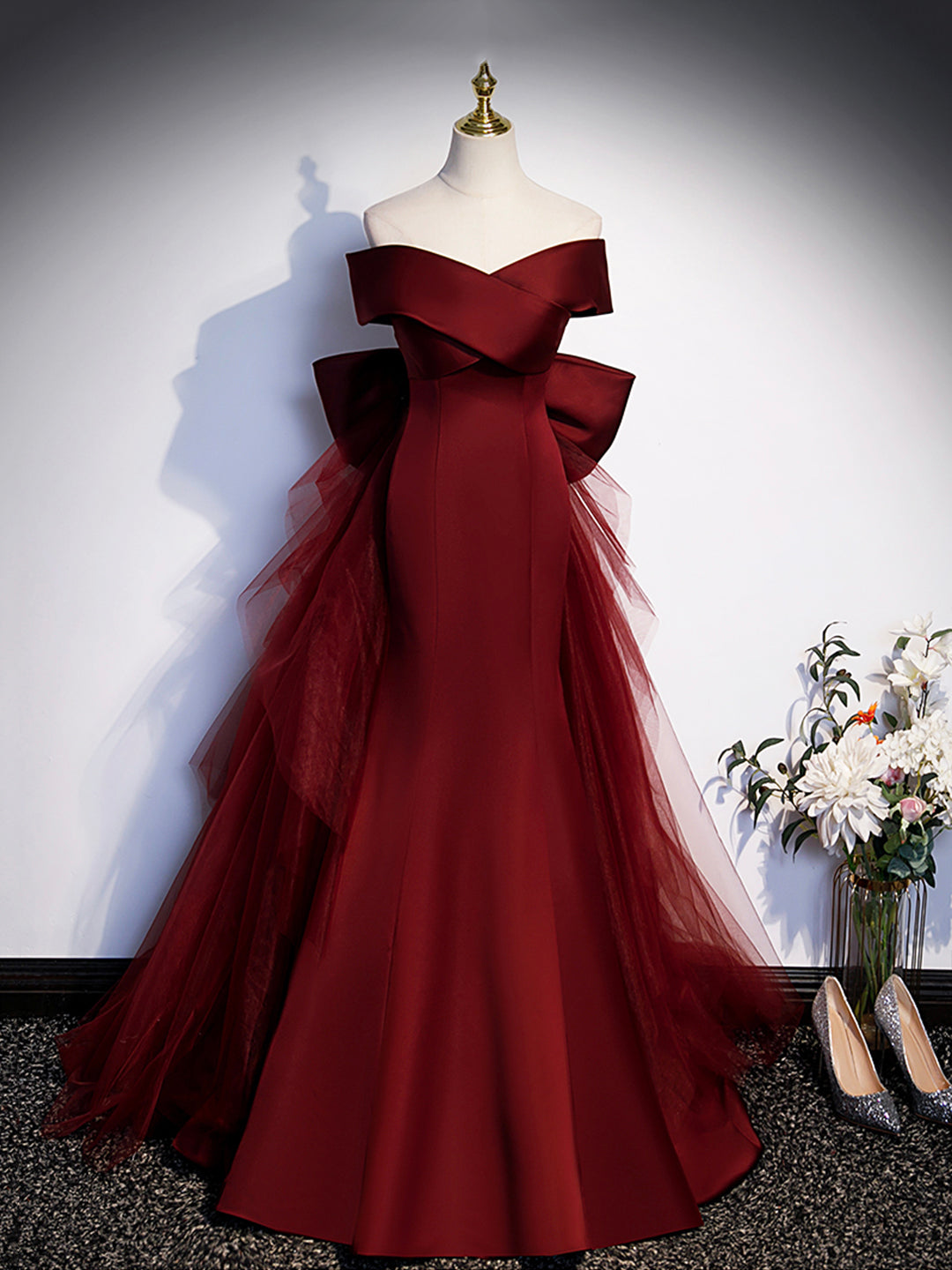 Burgundy V-Neck Satin Long Corset Prom Dress, Mermaid Off Shoulder Evening Dress with Bow outfit, Floral Prom Dress