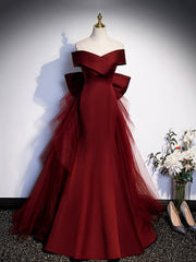 Burgundy V-Neck Satin Long Corset Prom Dress, Mermaid Off Shoulder Evening Dress with Bow outfit, Floral Prom Dress