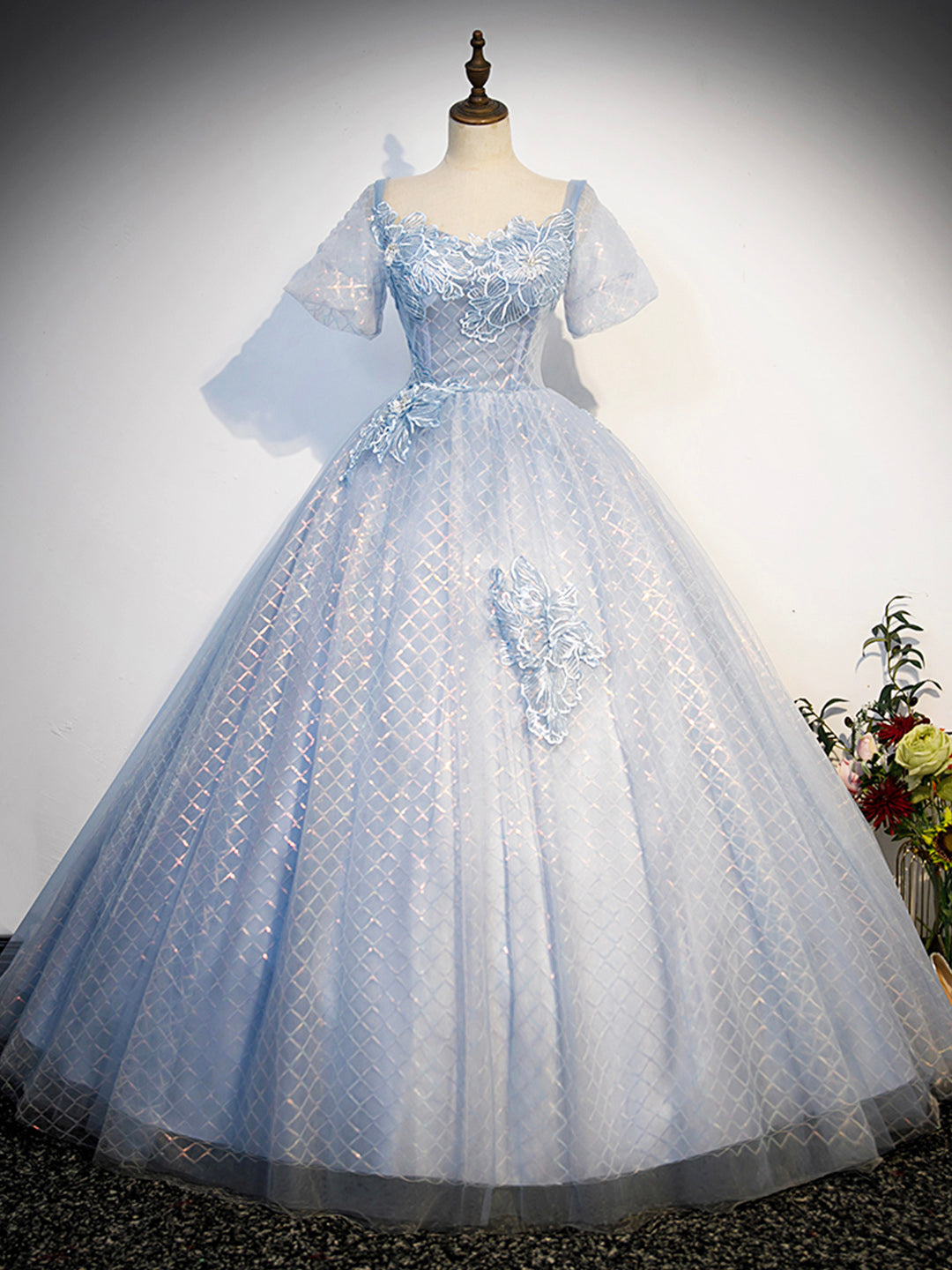 Blue Tulle Lace Long Corset Prom Dress, Shiny A-Line Short Sleeve Evening Dress outfit, Party Dress Australia