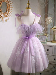 Lovely Spaghetti Strap Tulle Lace Short Corset Prom Dress, Lavender A-Line Party Dress Outfits, Bridesmaid Dresses Elegant