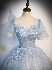 Blue Tulle Lace Long Corset Prom Dress, Shiny A-Line Short Sleeve Evening Dress outfit, Party Dresses With Sleeves