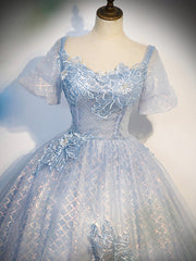 Blue Tulle Lace Long Corset Prom Dress, Shiny A-Line Short Sleeve Evening Dress outfit, Party Dress Fall