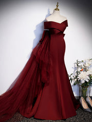 Burgundy V-Neck Satin Long Corset Prom Dress, Mermaid Off Shoulder Evening Dress with Bow outfit, Yellow Dress