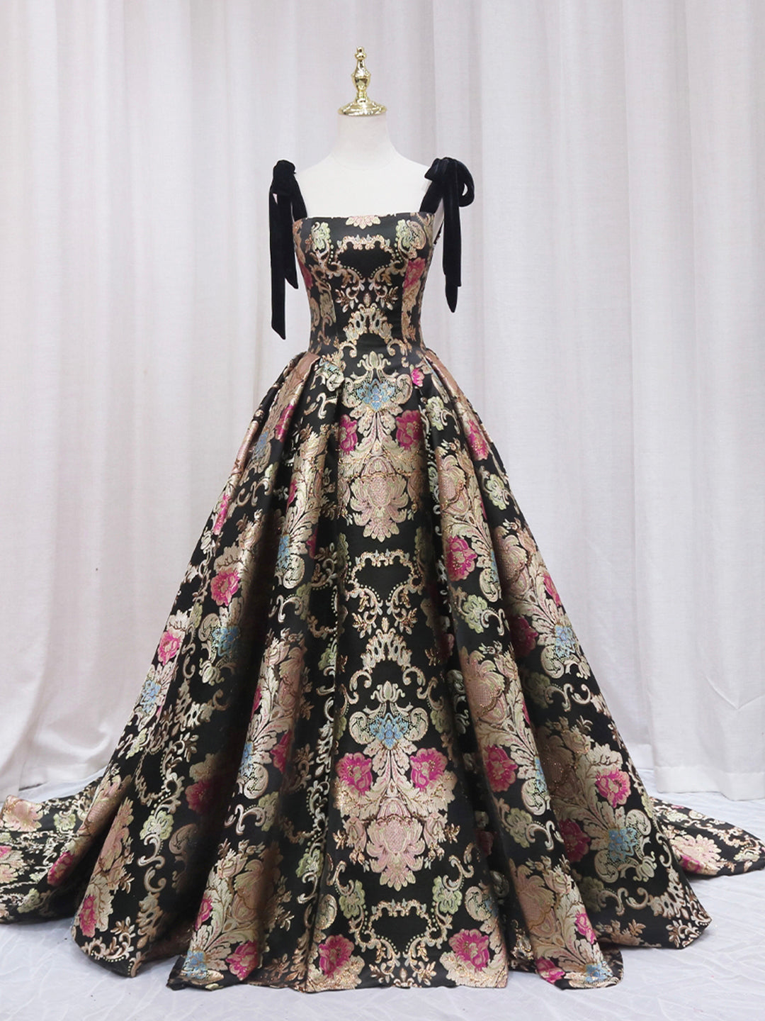 Black Floral Floor Length Corset Prom Dress, A-Line Black Evening Dress outfit, Bridesmaide Dresses Long