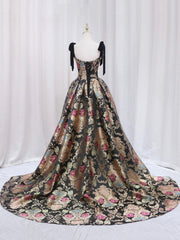 Black Floral Floor Length Corset Prom Dress, A-Line Black Evening Dress outfit, Bridesmaid Dresses On Sale