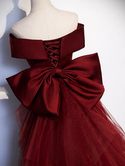 Burgundy V-Neck Satin Long Corset Prom Dress, Mermaid Off Shoulder Evening Dress with Bow outfit, Fairy Dress