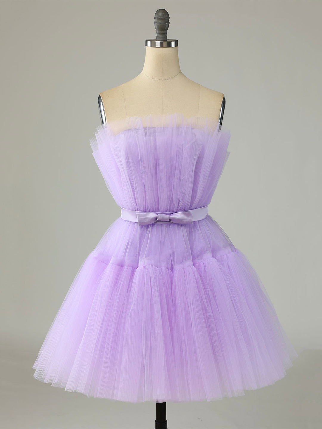 Purple Strapless Tulle Knee Length Party Dress, A-Line Corset Homecoming Dress outfit, Bridesmaids Dresses Modest