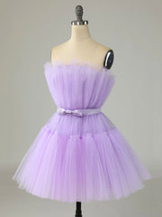 Purple Strapless Tulle Knee Length Party Dress, A-Line Corset Homecoming Dress outfit, Bridesmaid Dress Mauve
