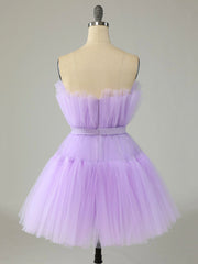 Purple Strapless Tulle Knee Length Party Dress, A-Line Corset Homecoming Dress outfit, Bridesmaid Dresses Mauve