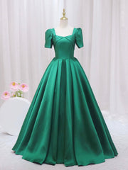 Green Satin Floor Length Corset Prom Dress, Green Short Sleeve Evening Dress outfit, Prom Dresses2038