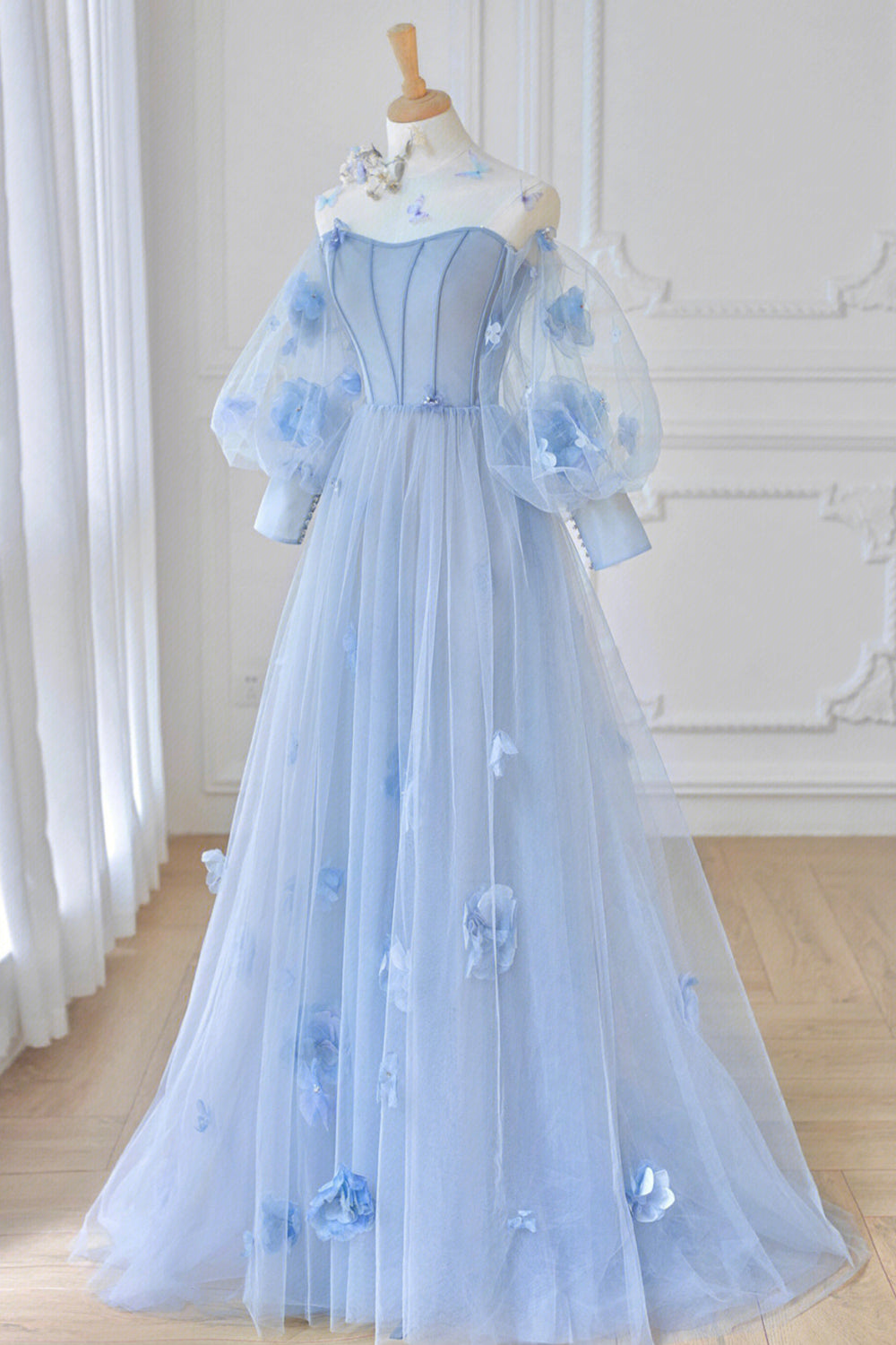 Blue Tulle Long Sleeve Corset Prom Dresses, Cute A-Line Evening Dresses with Applique Gowns, Party Dress Open Back