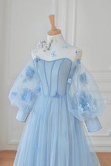 Blue Tulle Long Sleeve Corset Prom Dresses, Cute A-Line Evening Dresses with Applique Gowns, Party Dress Purple