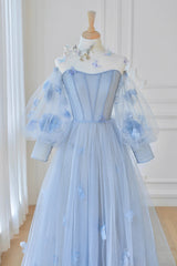 Blue Tulle Long Sleeve Corset Prom Dresses, Cute A-Line Evening Dresses with Applique Gowns, Classy Outfit
