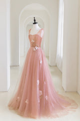 Pink Tulle Applique Long Evening Dress, A-Line Junior Corset Prom Dress outfits, Bridesmaids Dress Styles Long