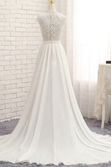 Long A-line Appliques Lace Chiffon Corset Wedding Dress with Slit Gowns, Wedding Dress Gowns