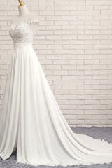 Long A-line Appliques Lace Chiffon Corset Wedding Dress with Slit Gowns, Wedding Dresses Gowns