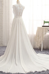 Long A-line Appliques Lace Chiffon Corset Wedding Dress with Slit Gowns, Wedding Dress Gown