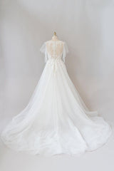 Long A-line Appliques Lace Tulle Corset Wedding Dress with Sleeves Gowns, Wedding Dress Dresses