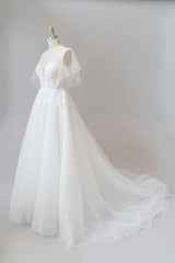 Long A-line Appliques Lace Tulle Corset Wedding Dress with Sleeves Gowns, Wedding Dresses Dresses