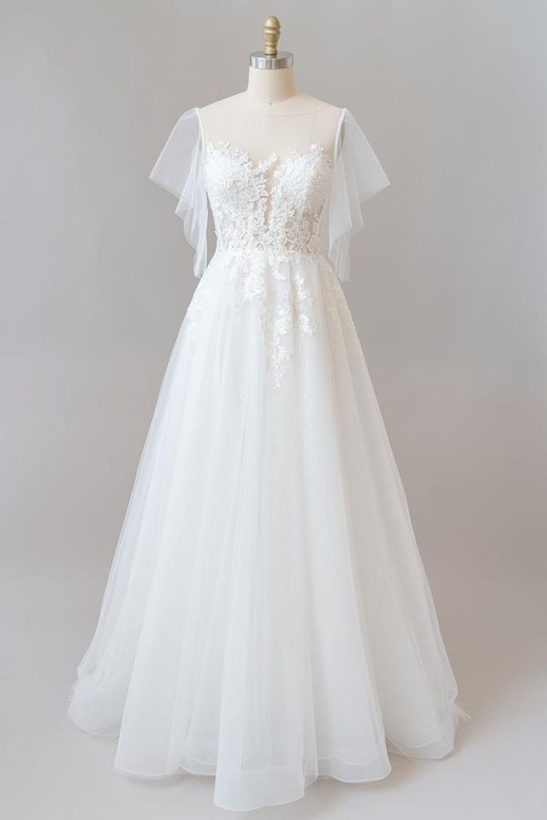 Long A-line Appliques Lace Tulle Corset Wedding Dress with Sleeves Gowns, Wedding Dresses Elegant