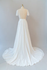 Long A-line Chiffon Backless Corset Wedding Dress with Sleeves Gowns, Wedding Dress Strapless