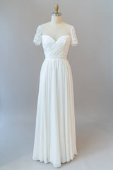 Long A-line Chiffon Backless Corset Wedding Dress with Sleeves Gowns, Wedding Dresses