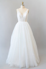 Long A-line Open Back Sequins Tulle Backless Corset Wedding Dress outfit, Wedding Dress Jewelry