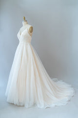 Long A-line Spaghetti Strap Lace Tulle Backless Corset Wedding Dress outfit, Wedding Dress Boutiques