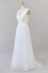 Long A-line Straps V-neck Chiffon Open Back Corset Wedding Dress outfit, Wedsing Dresses Boho
