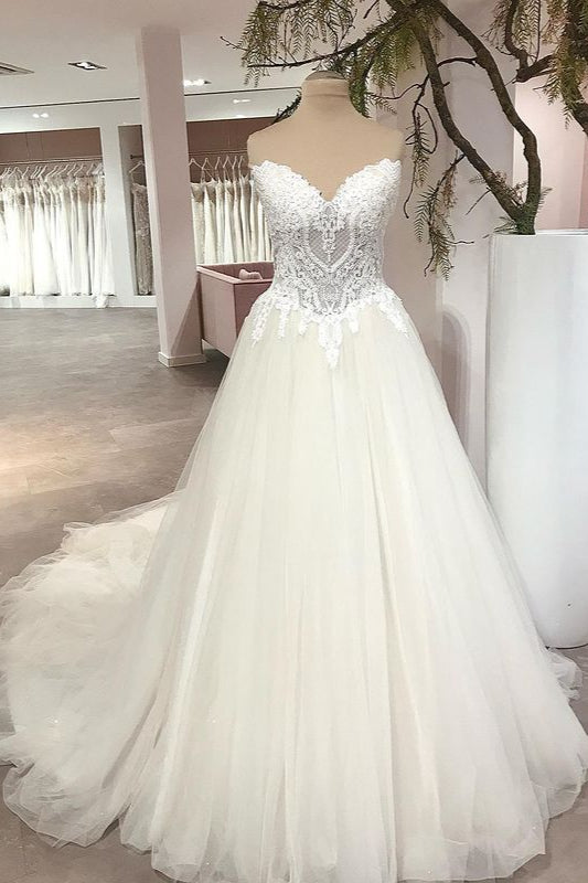 Long A-Line Sweetheart Backless Tulle Appliques Lace Corset Wedding Dress outfit, Wedding Dress 2026