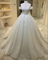 Long A-Line Sweetheart Off-the-Shoulder Appliques Lace Ruffles Corset Wedding Dress outfit, Wedding Dresses Outlet