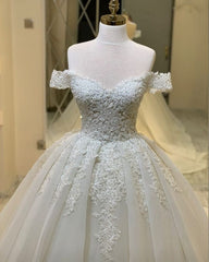 Long A-Line Sweetheart Off-the-Shoulder Appliques Lace Ruffles Corset Wedding Dress outfit, Wedding Dress For Dancing