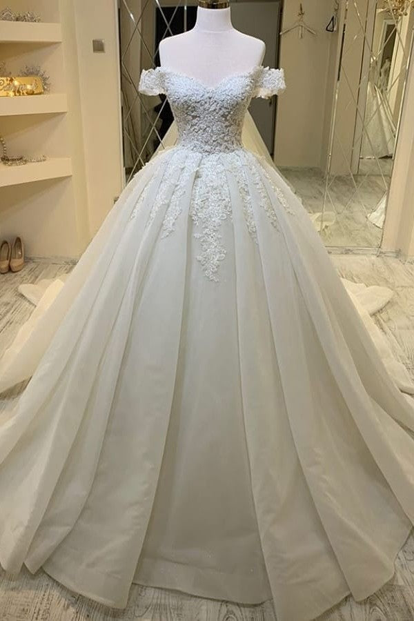 Long A-Line Sweetheart Off-the-Shoulder Appliques Lace Ruffles Corset Wedding Dress outfit, Wedding Dress Outlet