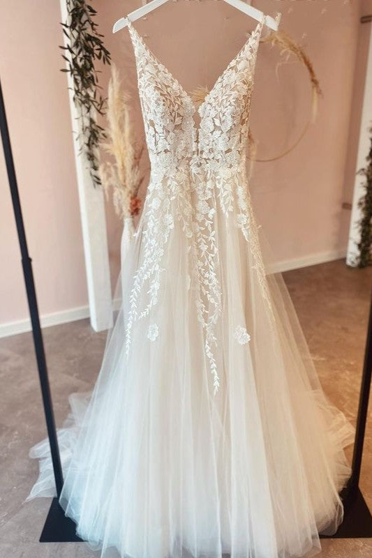 Long A-Line Tulle Appliques Lace Spaghetti Straps V-neck Backless Corset Wedding Dress outfit, Wedding Dresses Under 204