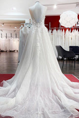 Long A-line Tulle Sleevless Ruffles Jewel Corset Wedding Dress With Lace Appliques Gowns, Wedding Dresses Simple Lace