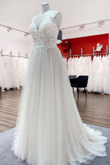 Long A-line Tulle V Neck Open Back Appliques Lace Corset Wedding Dress outfit, Wedding Dress Ball Gowns