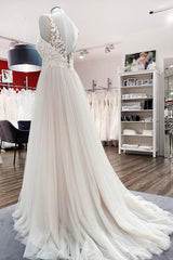 Long A-line Tulle V Neck Open Back Appliques Lace Corset Wedding Dress outfit, Wedding Dresses Ball Gowns