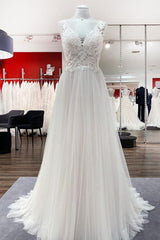 Long A-line Tulle V Neck Open Back Appliques Lace Corset Wedding Dress outfit, Wedding Dress With Pocket